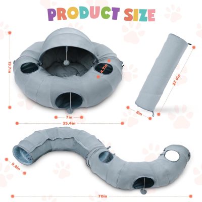 Cat Tunnel Bed, Indoor Cat Tunnels with Hanging Balls, Peepholes, and Washable Mat, Green