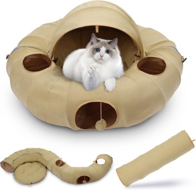 Cat Tunnel Bed, Indoor Cat Tunnels with Hanging Balls, Peepholes, and Washable Mat, Green