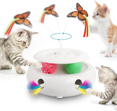 3-in-1 Cat Toy: Interactive Fun with Fluttering Butterfly, Ambush Feather, and Track Balls. USB Powered for Indoor Exercise (Bright White)