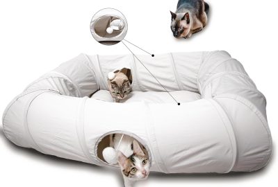 4 Ways Shuttled XL Cat Tunnel Bed for Indoor Cats Peekaboo Cat Cave Donut with Cool Mat