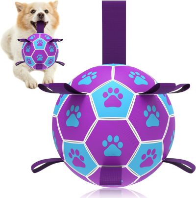 Dog Toys Soccer Ball with Straps, Interactive Toys for Tug of War, Puppy Birthday Toy, Dog Water Toy, Dog Balls for Small & Medium Dog (6 Inch)