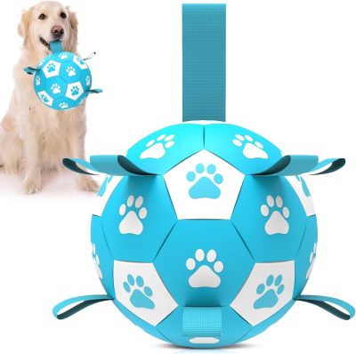 Dog Toys Soccer Ball with Straps, Interactive Toys for Tug of War, Puppy Birthday Toy, Dog Water Toy, Dog Balls for Small & Medium Dog (6 Inch)