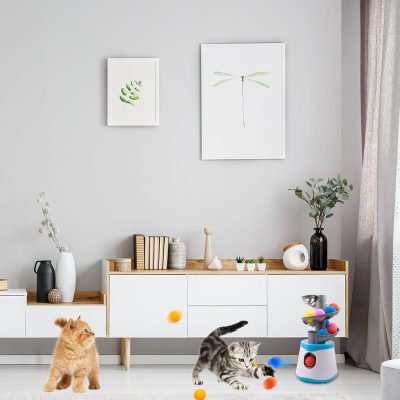 Automatic Ball Launcher for Small and Medium Cats, Interactive Cat Toy Base Ball Throwing Machine Mental Stimulation Toys for Cats Enrichment Toy for Indoor Outdoor Use, 16 EVA Balls Included