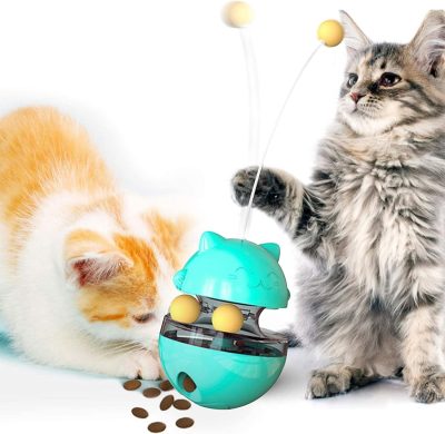Cat Interactive Food Dispenser Toy, Tumbler Cat Toy Ball Snack Dispenser Dual Rolling Balls & Detachable Wand Slow Feed for Cat Kitty Puppy, Dogs Cats Playing & Training, Green