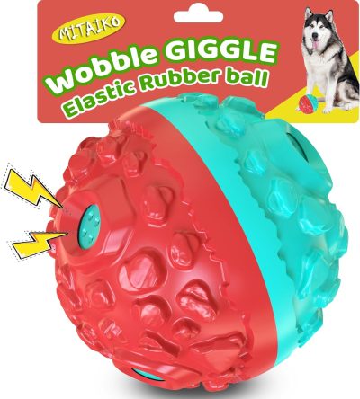 Dog Toy Ball for Aggressive Chewers, Interactive Fetch Dog Ball with Fun Squeaky Wobble Giggle Sound, Durable for Small Medium Large Dogs, Non-Toxic Rubber Pet Chew Toys, Black & Yellow