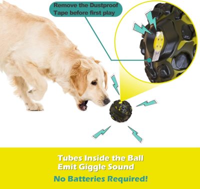 Dog Toy Ball for Aggressive Chewers, Interactive Fetch Dog Ball with Fun Squeaky Wobble Giggle Sound, Durable for Small Medium Large Dogs, Non-Toxic Rubber Pet Chew Toys, Black & Yellow