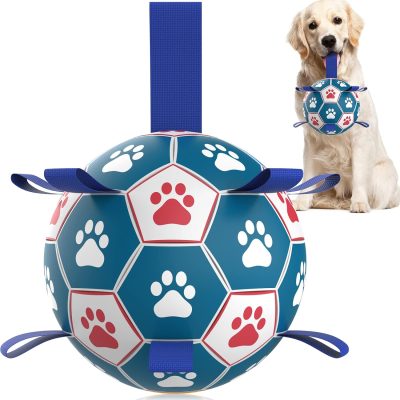Dog Toys Soccer Ball with Straps, Interactive Toys for Tug of War, Puppy Birthday Toy, Dog Water Toy, Dog Balls for Small & Medium Dog (6 Inch)
