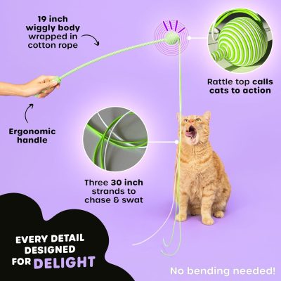 Interactive Cat Wand String Teaser Toy, 2024, Purple - Unique Toy with Triple-Tail Design, Durable Cotton & Rattle Sound - Ideal for Indoor Cats, Kitten Toy