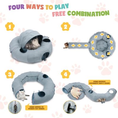 Cat Tunnel Bed, Indoor Cat Tunnels with Hanging Balls, Peepholes, and Washable Mat, Green