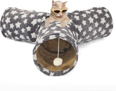 Large Cat Tunnel Bed with Plush Cover,Fluffy Toy Balls, Small Cushion and Flexible Design- 10 inch Diameter, 3 ft Length- Great for Cats, and Small Dogs, Rainbow Wave Color