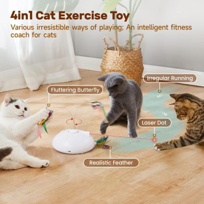 Electric Running Cat Laser Toys Interactive, Fluttering Butterfly, 4in1 Automatic Rechargeable Kitten Toy, Colored Feather, Indoor Exercise Cat Kicker, White