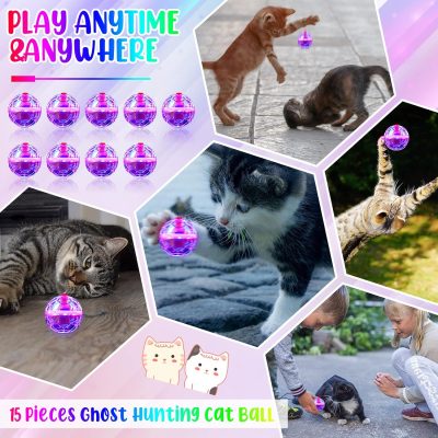 15 Pieces Ghost Hunting Cat Ball Light up Cat Balls Motion Activated Interactive Cat Toy Small LED Glowing Pet Ball for Animal Dog Running Activity Indoor Supplies, 1.38 x 1.5 Inches