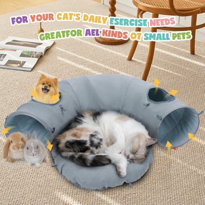 Cat Tunnel Bed, Indoor Cat Tunnels with Hanging Balls, Peepholes, and Washable Mat, Green