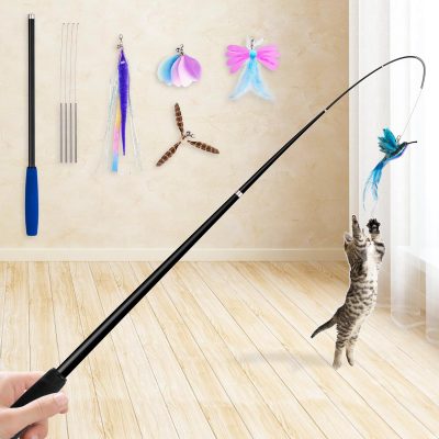 2024 latest Cat Toys, 2 in 1 Spring Cat Wand Toy with 2PCS Ultra-long Cat Teaser, 4PCS Spring Steel Wire & 5PCS Feather Refills for Kitty Kitten Indoor Cats Cat Accessories