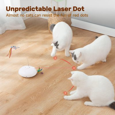 Electric Running Cat Laser Toys Interactive, Fluttering Butterfly, 4in1 Automatic Rechargeable Kitten Toy, Colored Feather, Indoor Exercise Cat Kicker, White