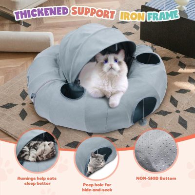 Cat Tunnel Bed, Indoor Cat Tunnels with Hanging Balls, Peepholes, and Washable Mat, Green