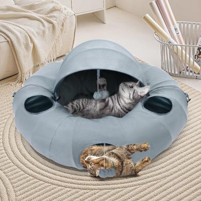 Cat Tunnel Bed, Indoor Cat Tunnels with Hanging Balls, Peepholes, and Washable Mat, Green