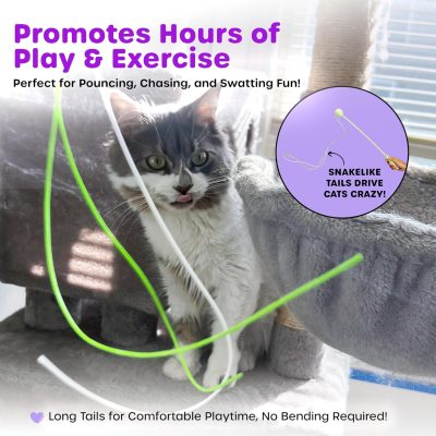 Interactive Cat Wand String Teaser Toy, 2024, Purple - Unique Toy with Triple-Tail Design, Durable Cotton & Rattle Sound - Ideal for Indoor Cats, Kitten Toy