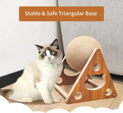 Cat Toys Sisal Scratcher Ball, Natural Sisal Cat Scratching Ball, Cat Scratcher Toy with Ball, Scratching Ball for Cats and Kittens, Interactive Solid Wood Scratcher Pet Toy, Diameter 6.5 Inch