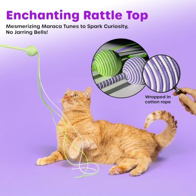Interactive Cat Wand String Teaser Toy, 2024, Purple - Unique Toy with Triple-Tail Design, Durable Cotton & Rattle Sound - Ideal for Indoor Cats, Kitten Toy