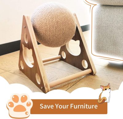 Cat Toys Sisal Scratcher Ball, Natural Sisal Cat Scratching Ball, Cat Scratcher Toy with Ball, Scratching Ball for Cats and Kittens, Interactive Solid Wood Scratcher Pet Toy, Diameter 6.5 Inch